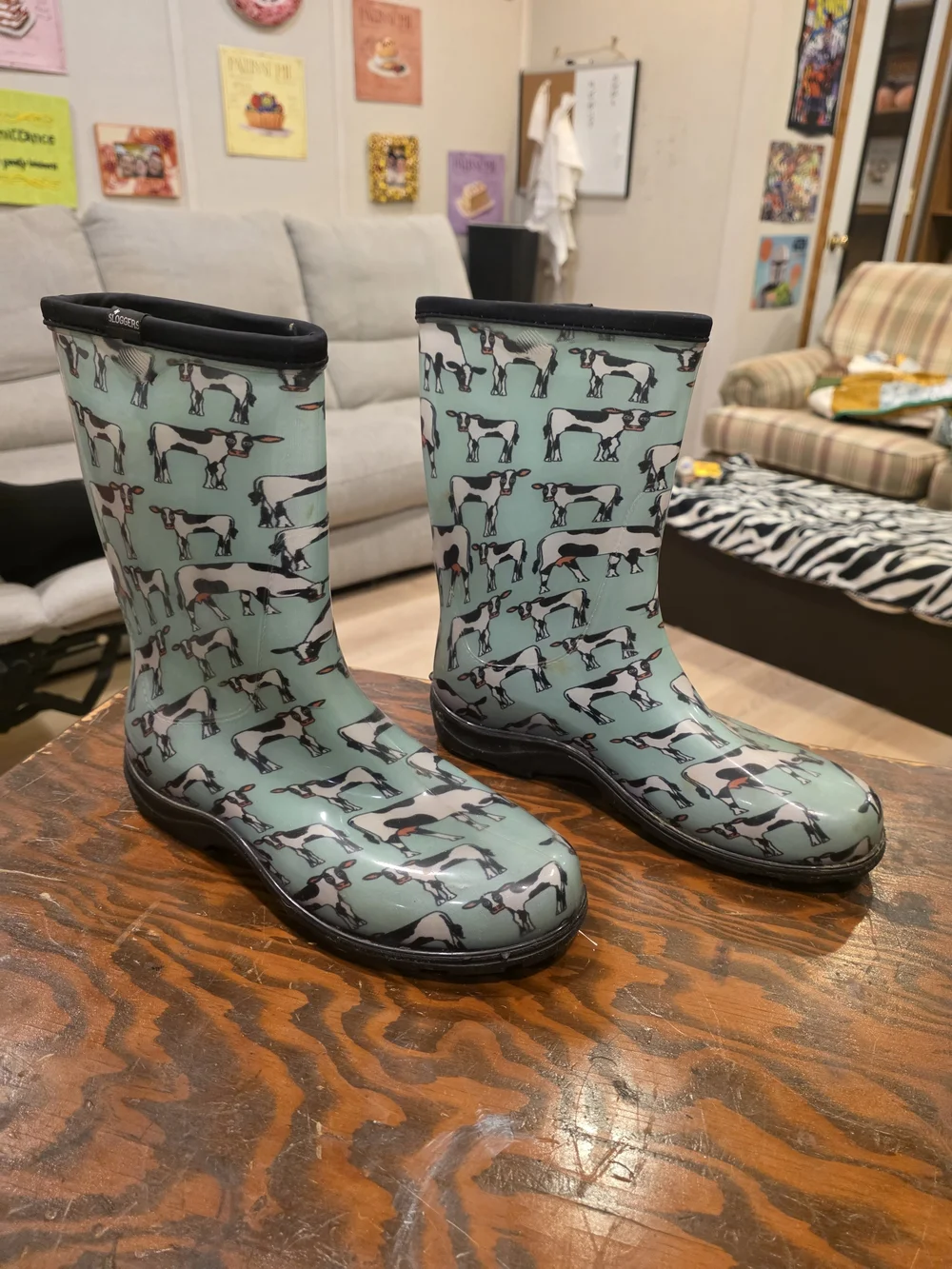 Sloggers Mint Green Cow Print Women's Rain Boots